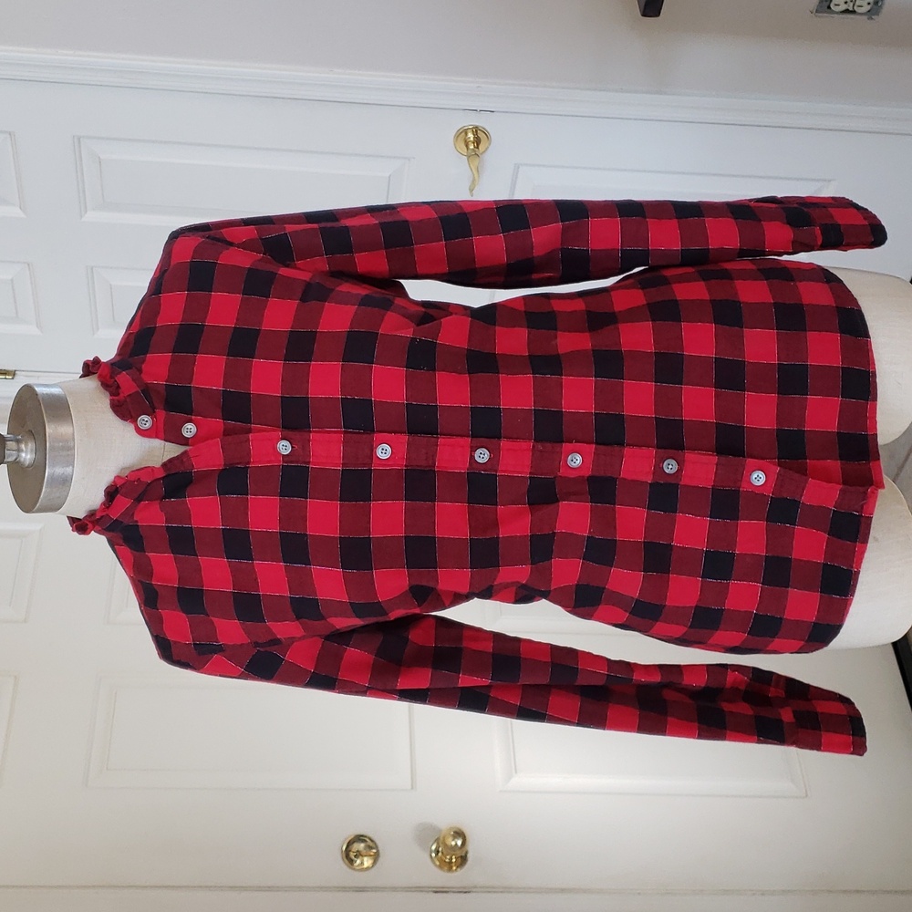 J. CREW FACTORY Buffalo Plaid Ruffle Collar Flannel Shirt Red Black Silver S - Picture 3 of 16